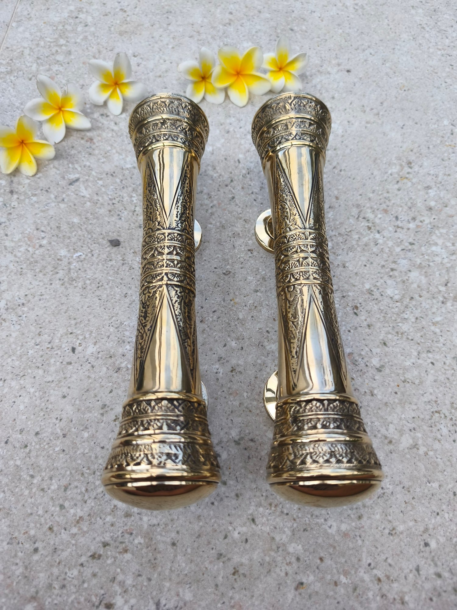 Antique look gold brass door handles, ornate Victorian pull handle pair for front doors, solid brass casting with polished finish, classic entry hardware for vintage home decor