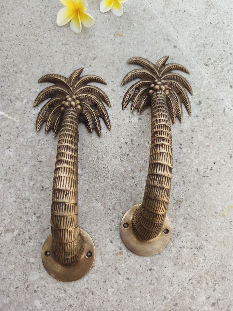 2pcs Palm Tree Solid Brass Door Handles, Tropical Front Entry Door Pulls, Coastal Beach House Hardware Decor (29cm)