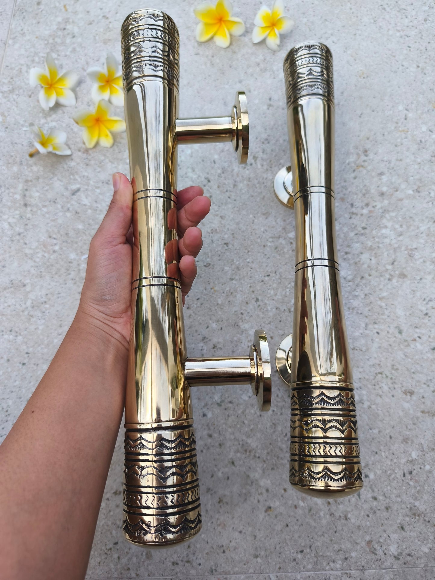 Bali Style Brass Door Handles Pair 40 cm, Polished Gold Solid Brass Front Door Pulls, Victorian Luxury Entry Door Hardware
