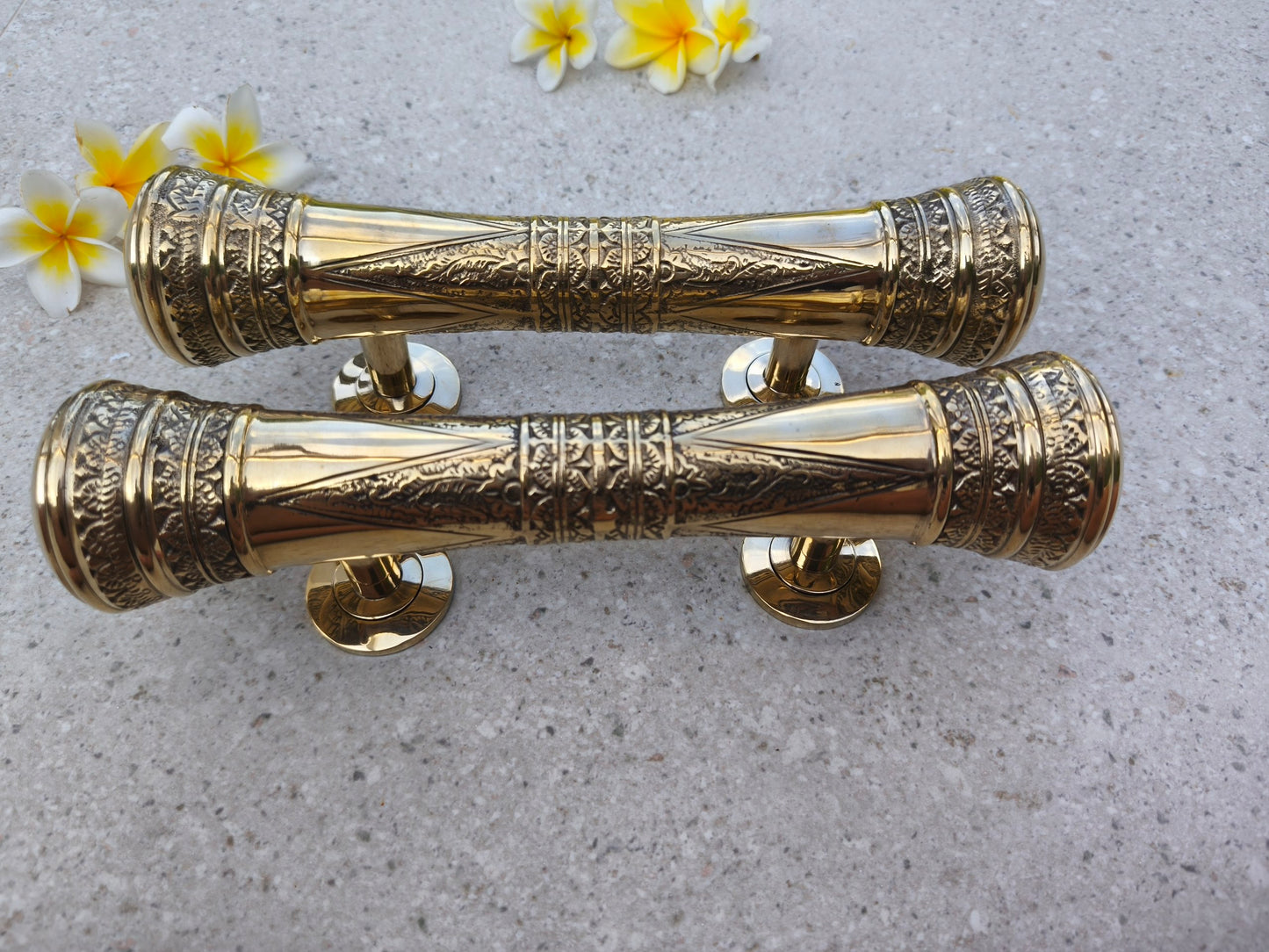 Gold Victorian brass door handles pair for main entry doors, ornate cast brass pulls with a luxury polished finish, perfect for traditional, colonial and old world interior decor