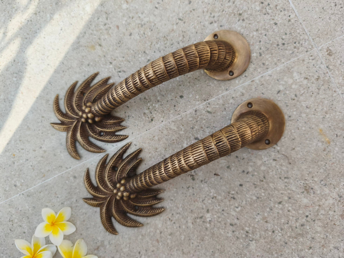 2pcs Palm Tree Solid Brass Door Handles, Tropical Front Entry Door Pulls, Coastal Beach House Hardware Decor (29cm)
