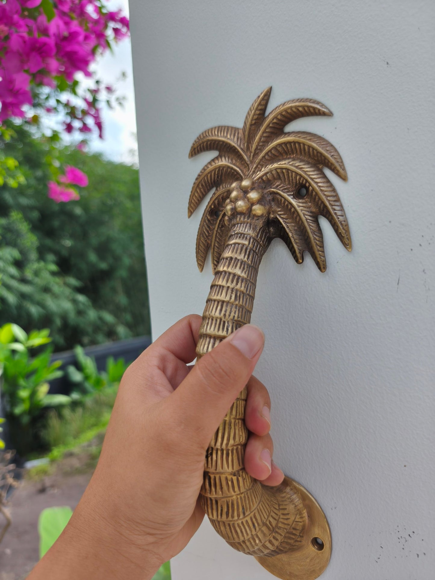 2pcs Palm Tree Solid Brass Door Handles, Tropical Front Entry Door Pulls, Coastal Beach House Hardware Decor (29cm)