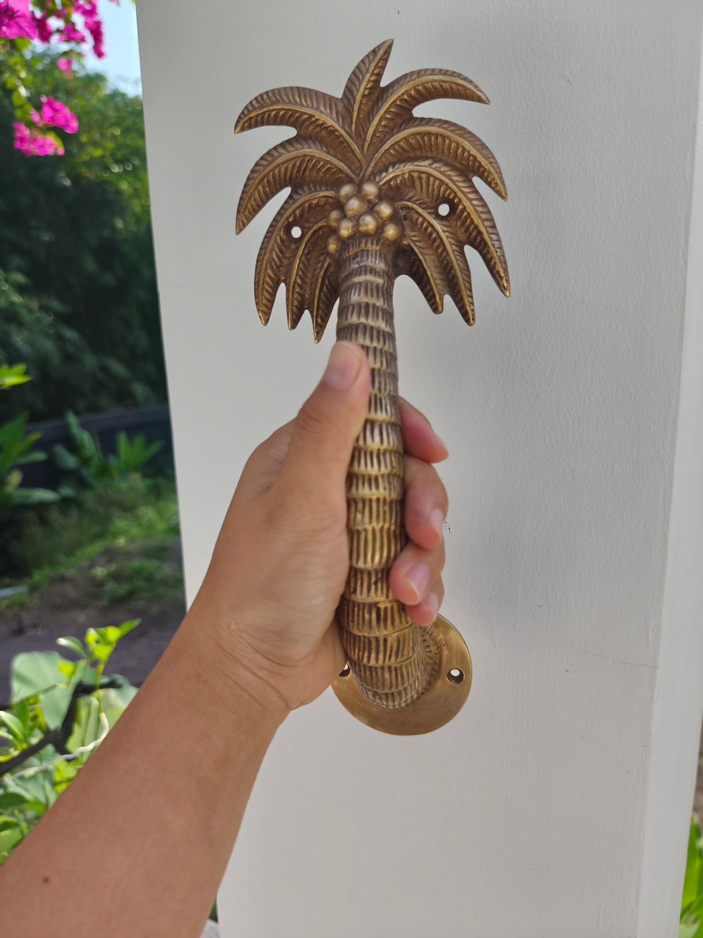 2pcs Palm Tree Solid Brass Door Handles, Tropical Front Entry Door Pulls, Coastal Beach House Hardware Decor (29cm)