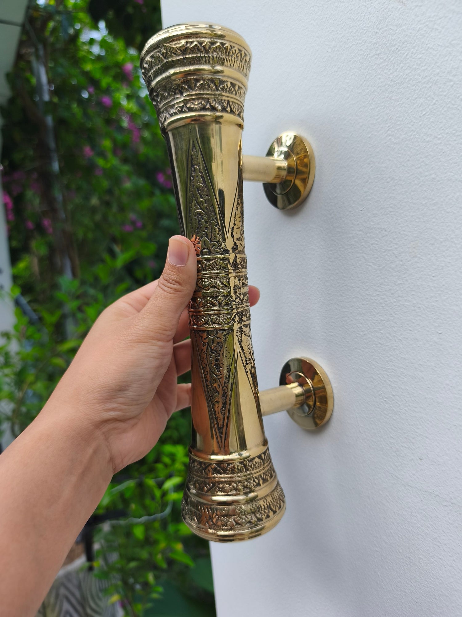 Pair of heavy cast brass door pulls, Victorian ornate design in gold finish, 30 cm long front door handles for double entry doors, handcrafted brass hardware from Bali, Indonesia