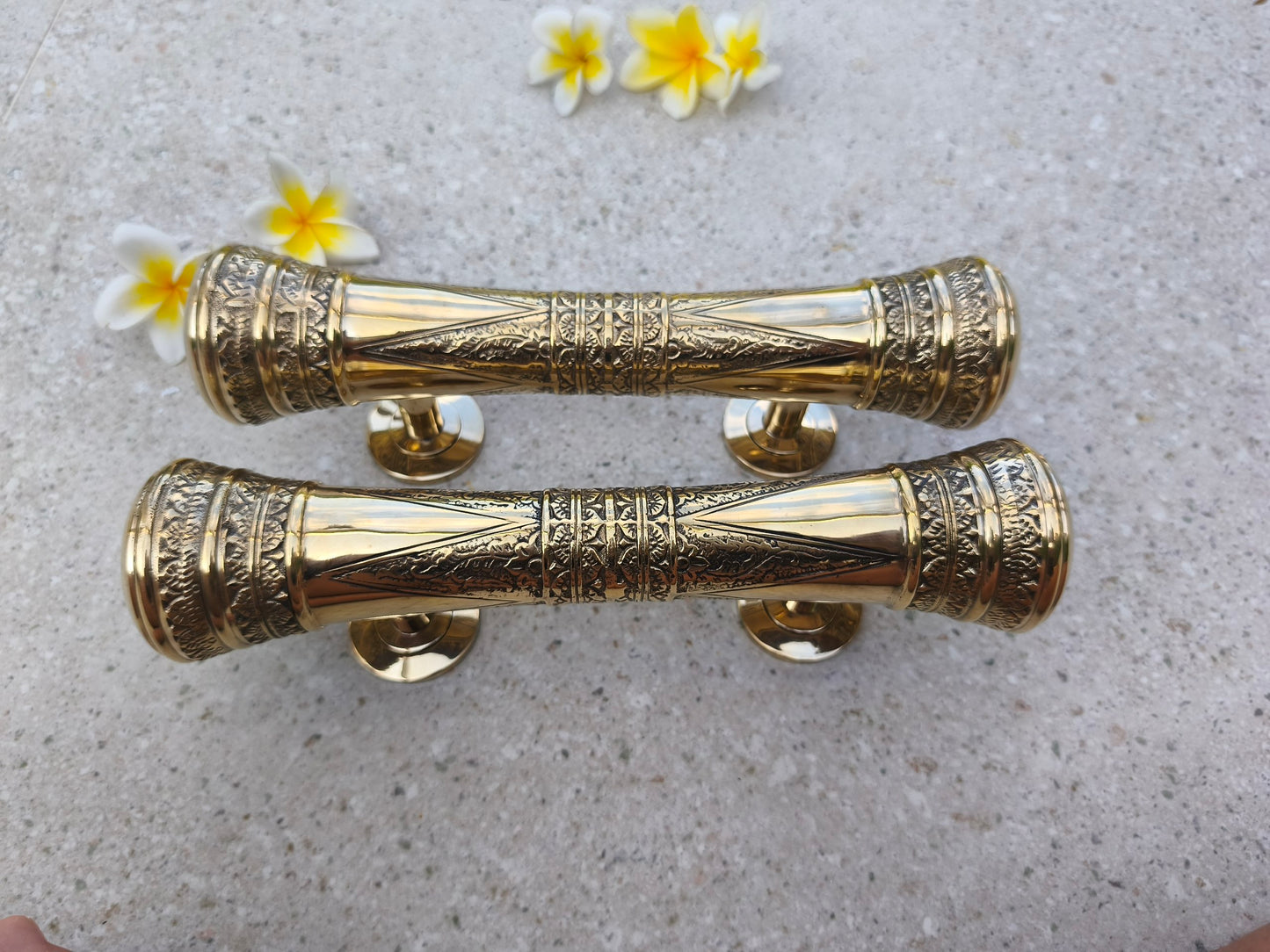 Ornate brass front door pulls in gold, Victorian style 30 cm door handles, solid brass casting with decorative ends, statement hardware for heritage house restoration projects