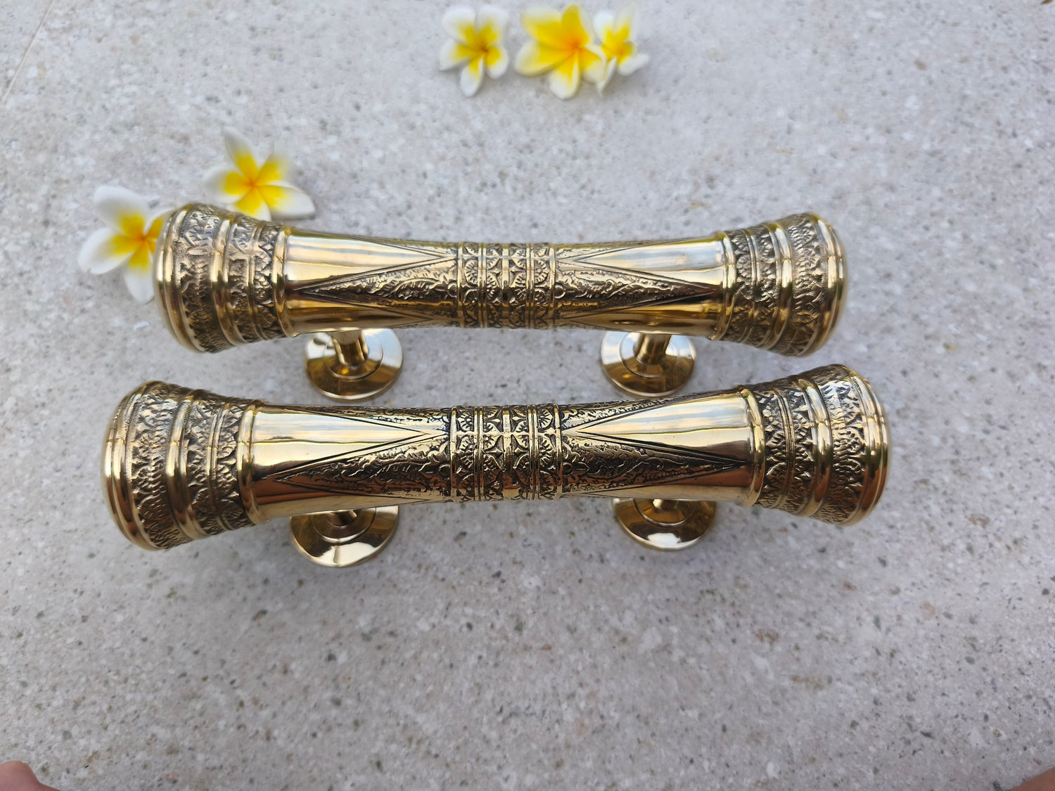 Ornate brass front door pulls in gold, Victorian style 30 cm door handles, solid brass casting with decorative ends, statement hardware for heritage house restoration projects
