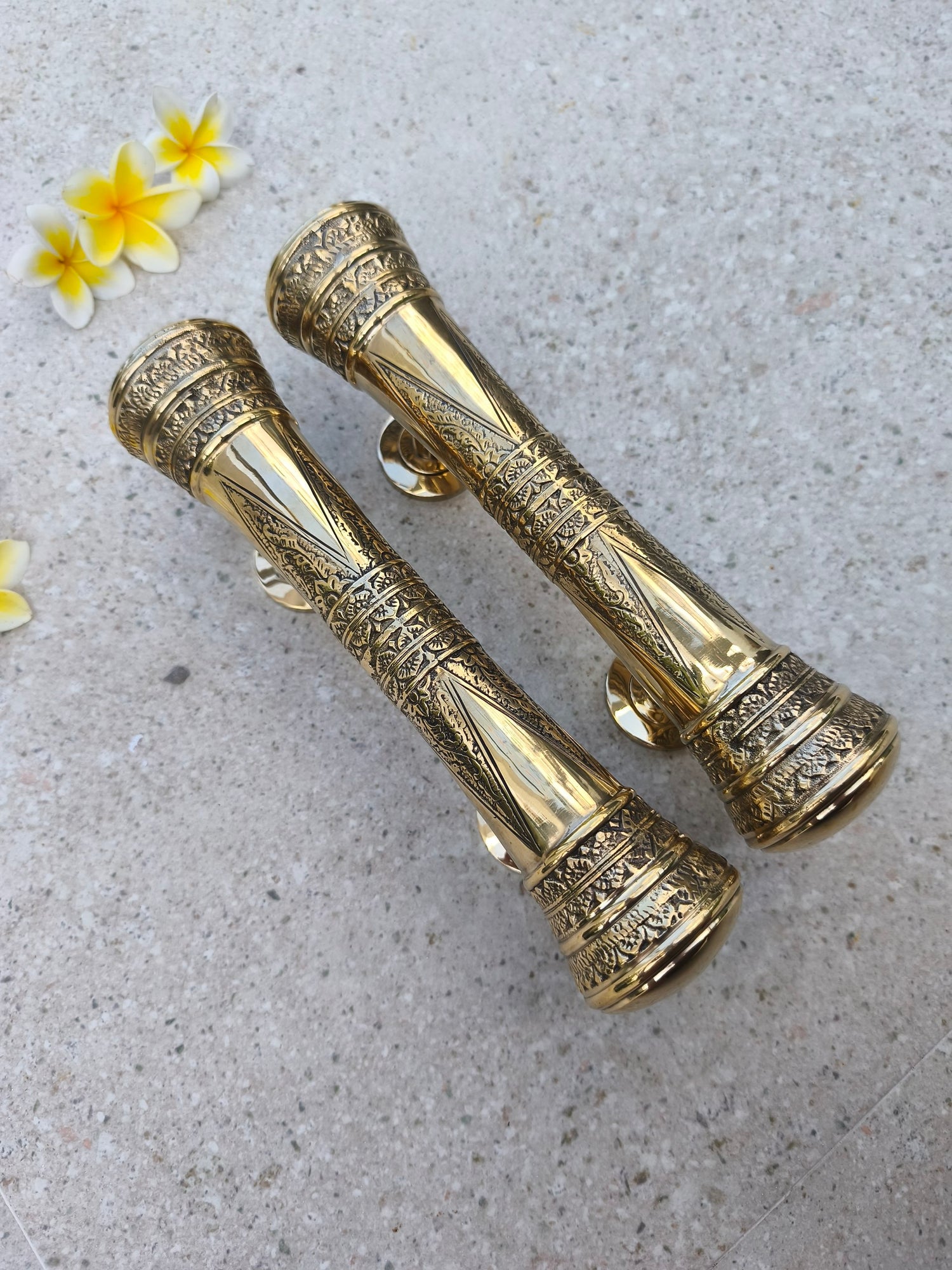 Polished gold brass entry door handle set, ornate Victorian vintage pull handles for front doors, luxury solid brass hardware that adds elegance to classic home exteriors and foyers