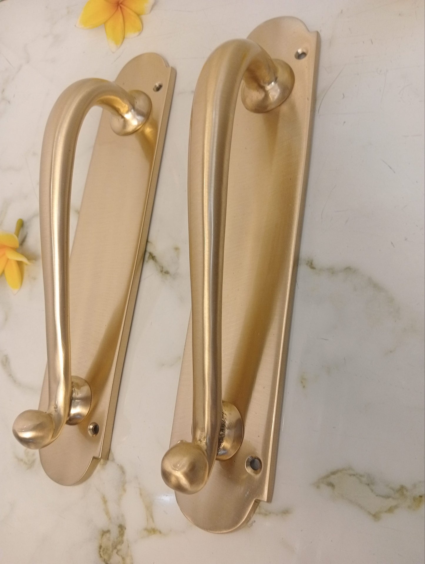 Modern Satin Brass French Door Handle | Luxury Entry Door Pull with Backplate | Contemporary Solid Brass Front Door Hardware | Pair