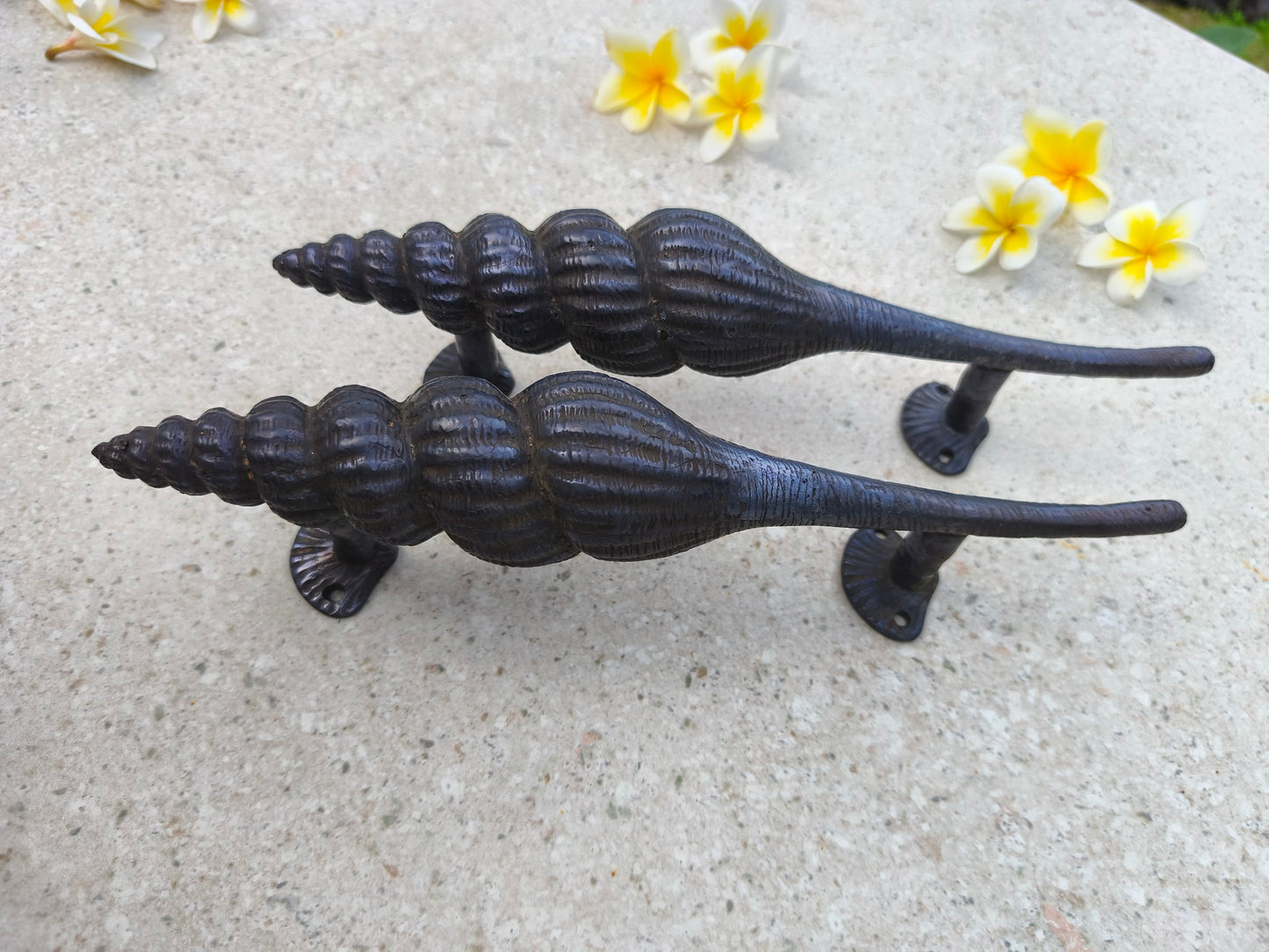 Pair of black brass shell door handles for entry doors, coastal door pull hardware 6 cm wide and 35 cm high, unique seaside decor for beach houses and Bali style villas