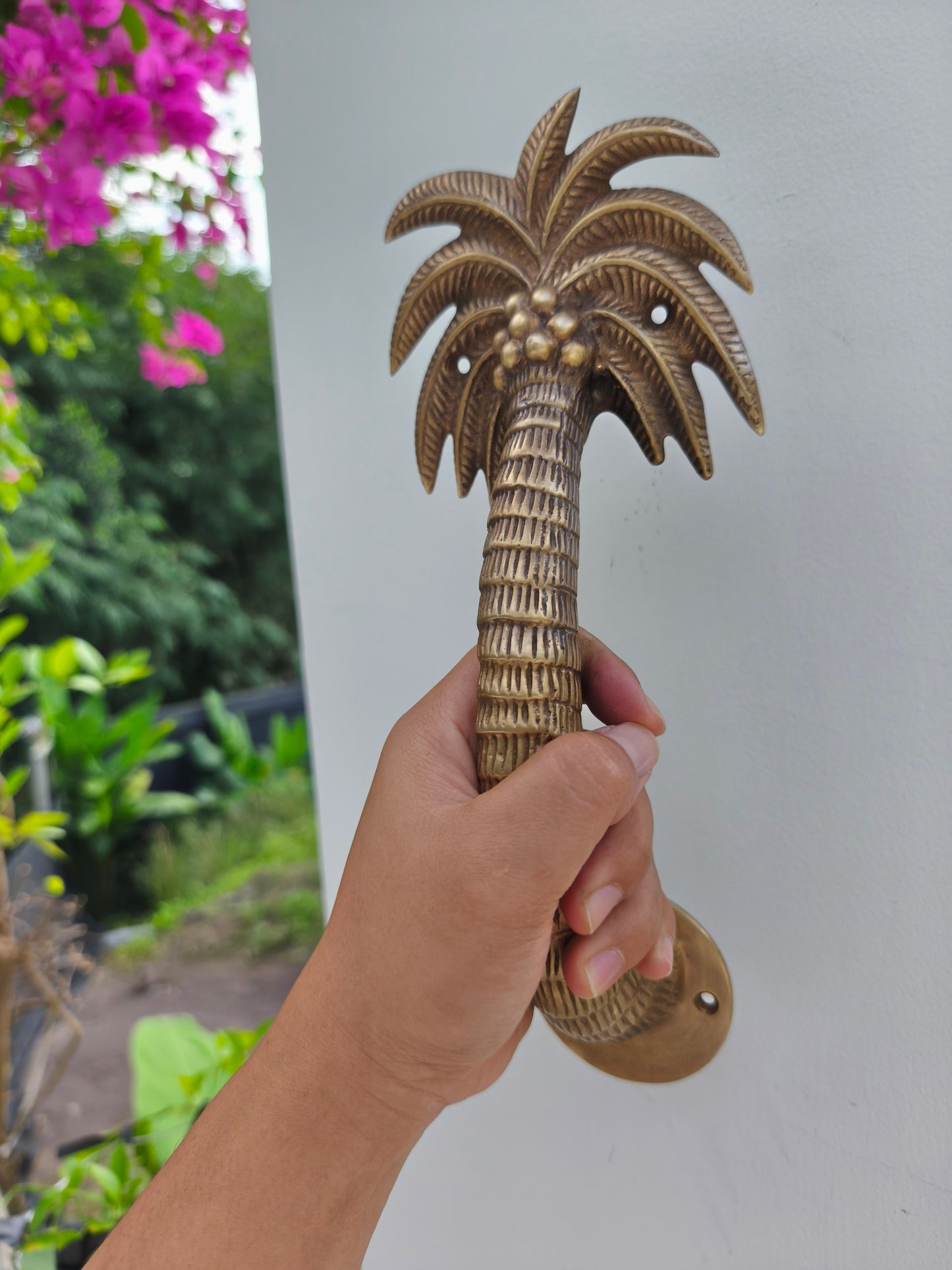 2pcs Palm Tree Solid Brass Door Handles, Tropical Front Entry Door Pulls, Coastal Beach House Hardware Decor (29cm)