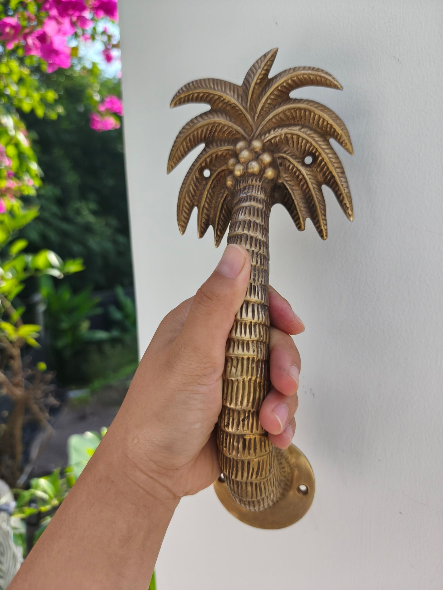 2pcs Palm Tree Solid Brass Door Handles, Tropical Front Entry Door Pulls, Coastal Beach House Hardware Decor (29cm)