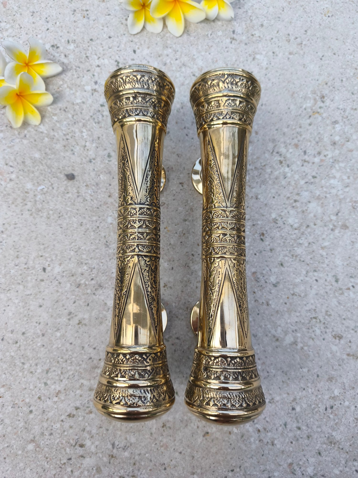 Polished brass Victorian front door handles, ornate gold entry door pulls with 6 cm decorative ends, solid cast brass pair for double doors, statement hardware for elegant homes