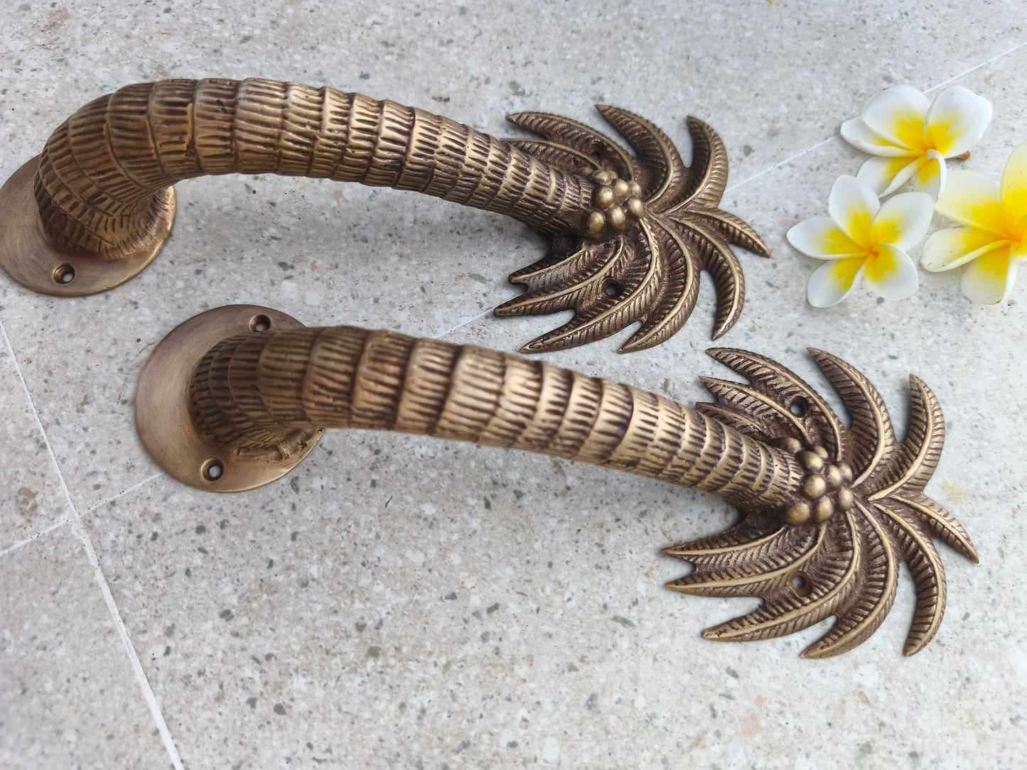 2pcs Palm Tree Solid Brass Door Handles, Tropical Front Entry Door Pulls, Coastal Beach House Hardware Decor (29cm)